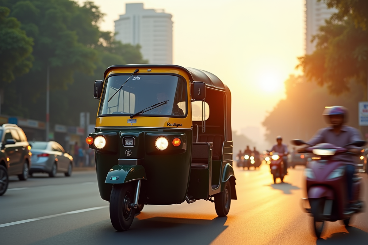 Auto rickshaw jaune et noir à Mumbai en circulation urbaine
