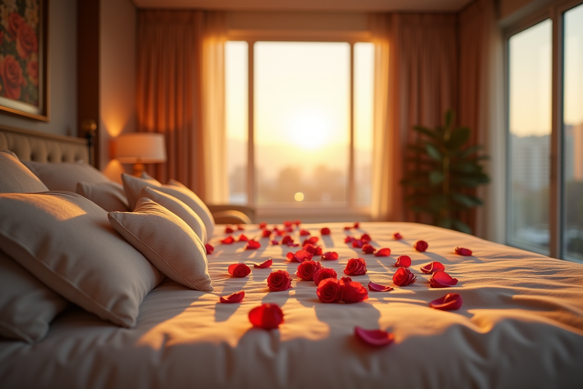 Chambre de luxe avec pétales de rose au lever du soleil