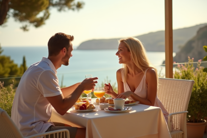 Couple romantique petit-dejeuner terrasse en Provence