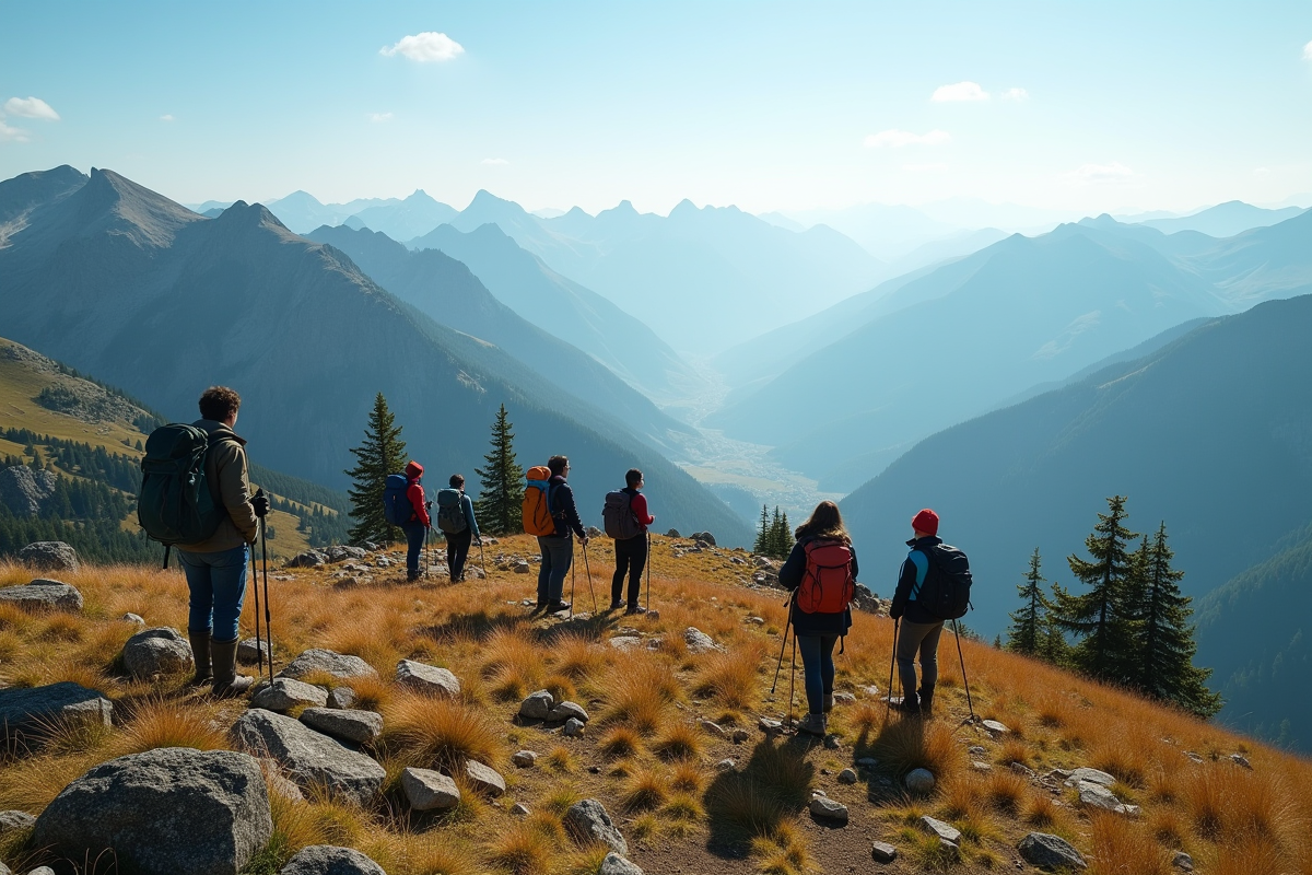 Randonneurs admirant la vue panoramique depuis le Plateau de Beille