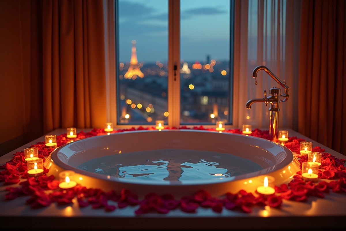 Scène nocturne dans une chambre de luxe avec jacuzzi à Lyon