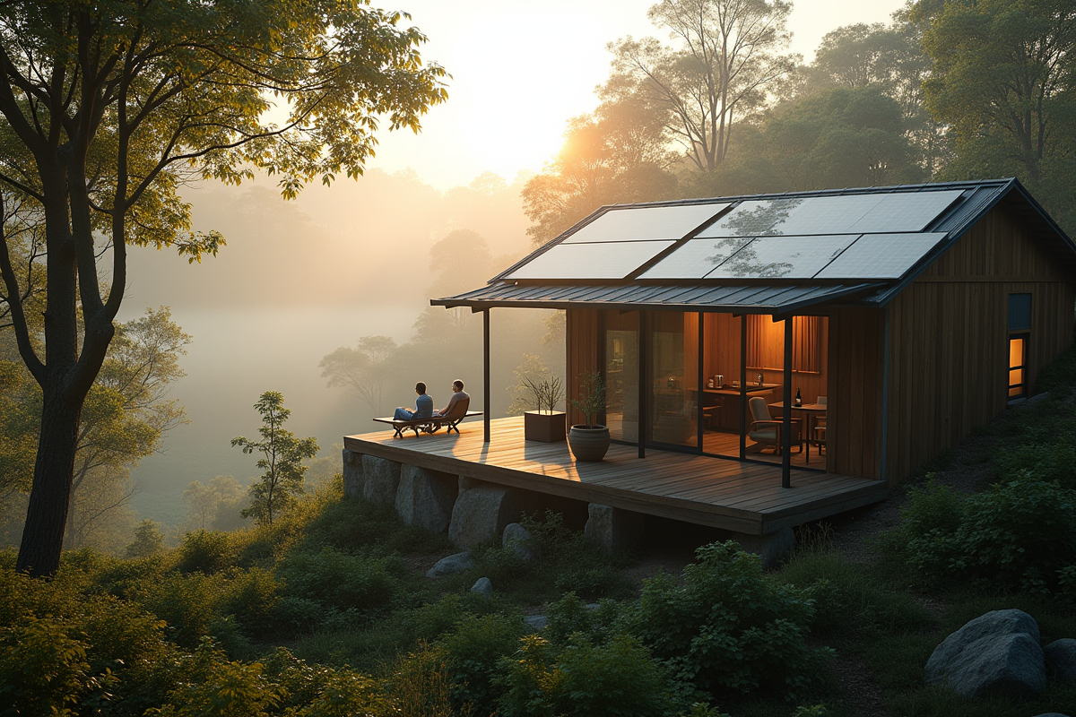 Ecolodge naturel avec couple sur la terrasse au matin