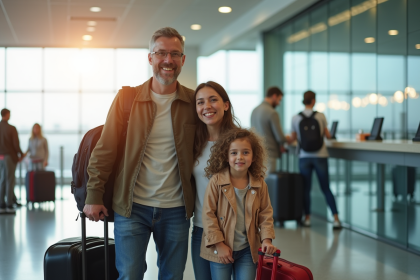 Famille souriante à l'aéroport au comptoir d'enregistrement
