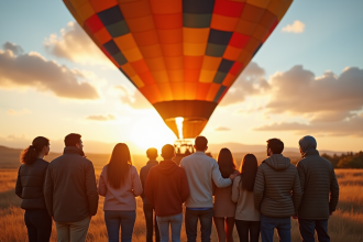 Groupe diversifié devant un ballon coloré au lever du soleil