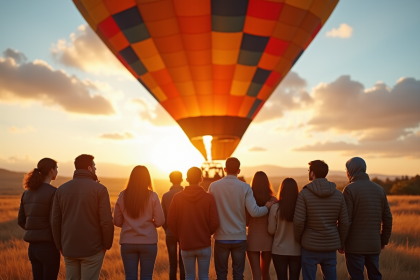 Groupe diversifié devant un ballon coloré au lever du soleil