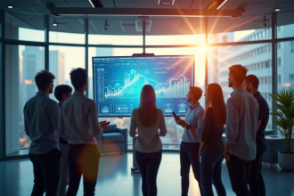 Groupe diversifié dans un bureau moderne avec écran futuriste