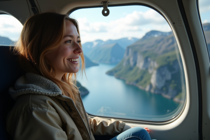Jeune femme regardant les fjords norvégiens depuis un petit avion
