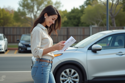 Jeune femme souriante avec permis de conduire australien devant voiture
