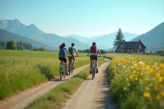 Jeunes voyageurs à vélo dans un paysage rural verdoyant