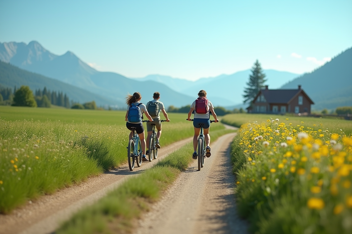 Jeunes voyageurs à vélo dans un paysage rural verdoyant