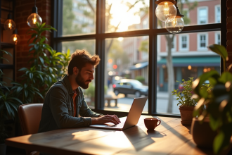 Nomade digital travaillant dans un café lumineux et cosy