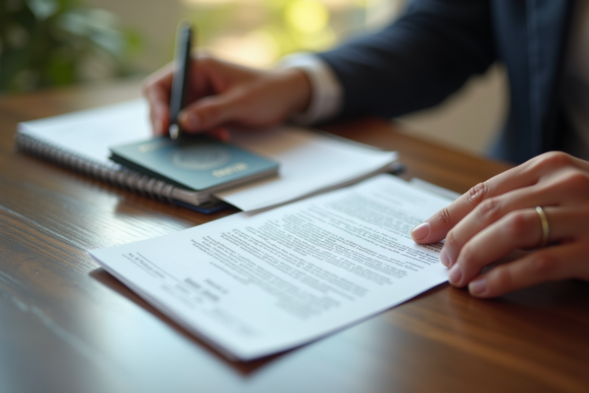 Mains organisant des papiers et un passeport sur une table lumineuse