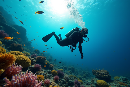 Plongeur explorant des coraux colorés sous l'eau avec poissons
