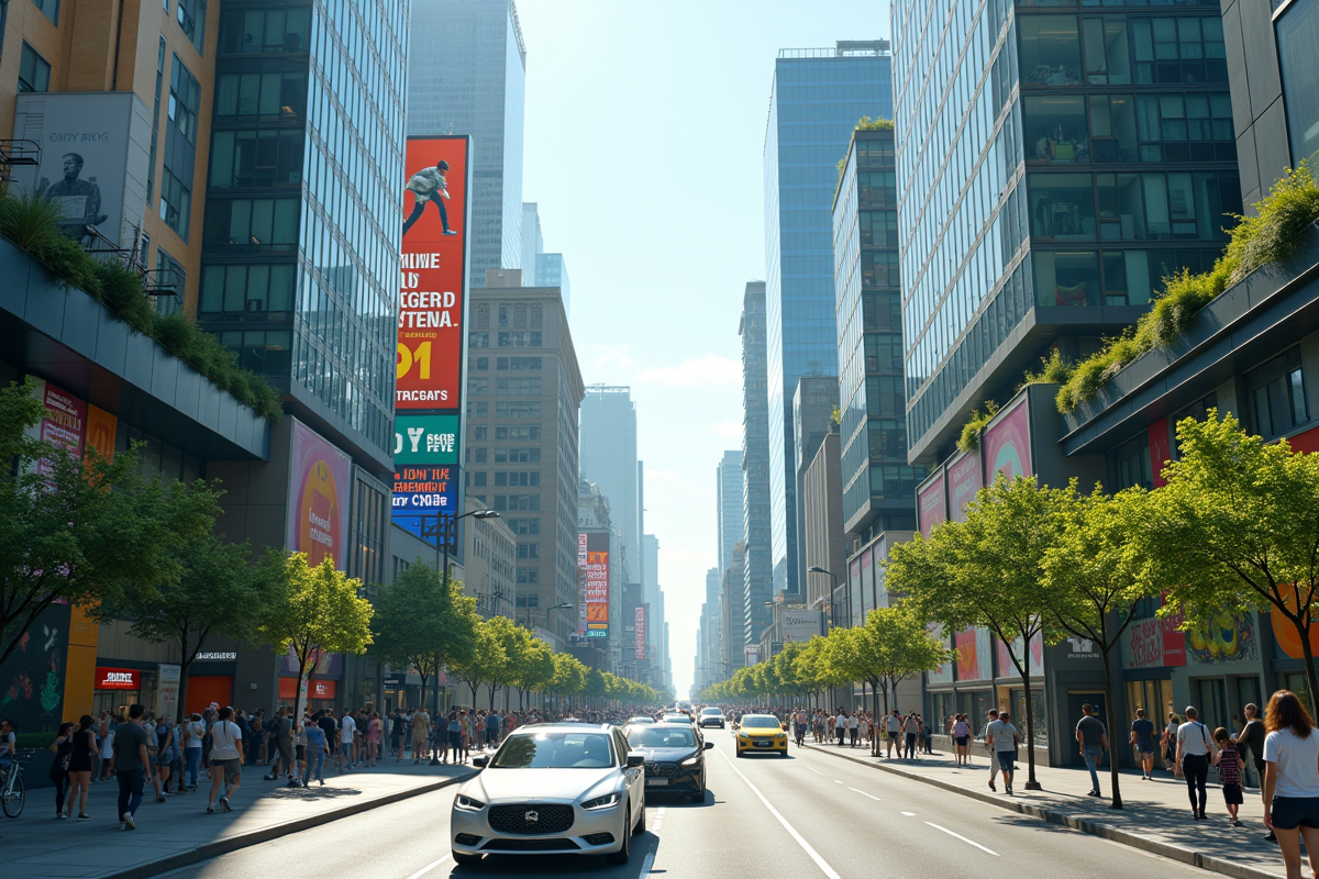 Rue animée en 2025 avec voitures autonomes et jardins sur les toits