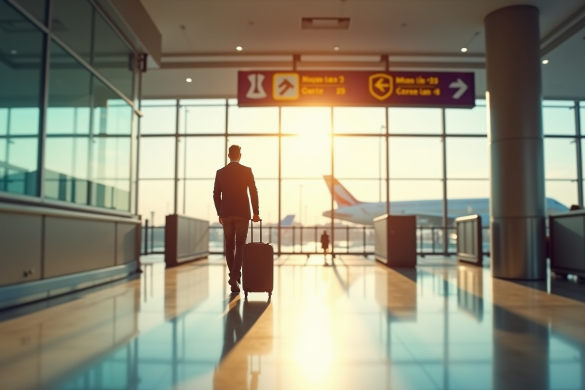 Voyageur seul marchant vers la securite aéroport