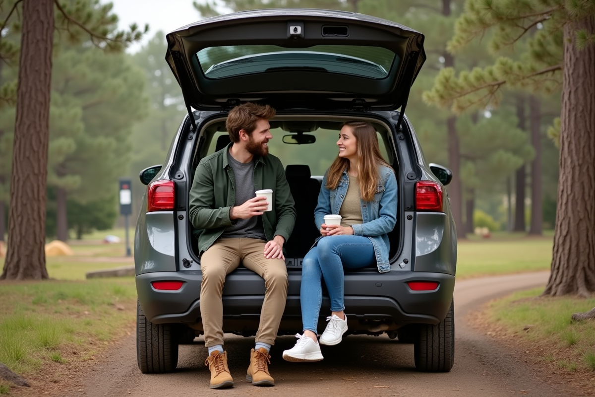 Jeune couple discutant au camping en pleine nature