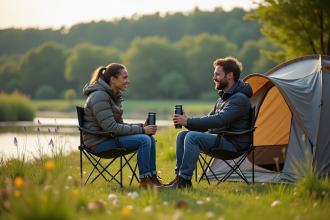 Jeune couple souriant en camping en pleine nature