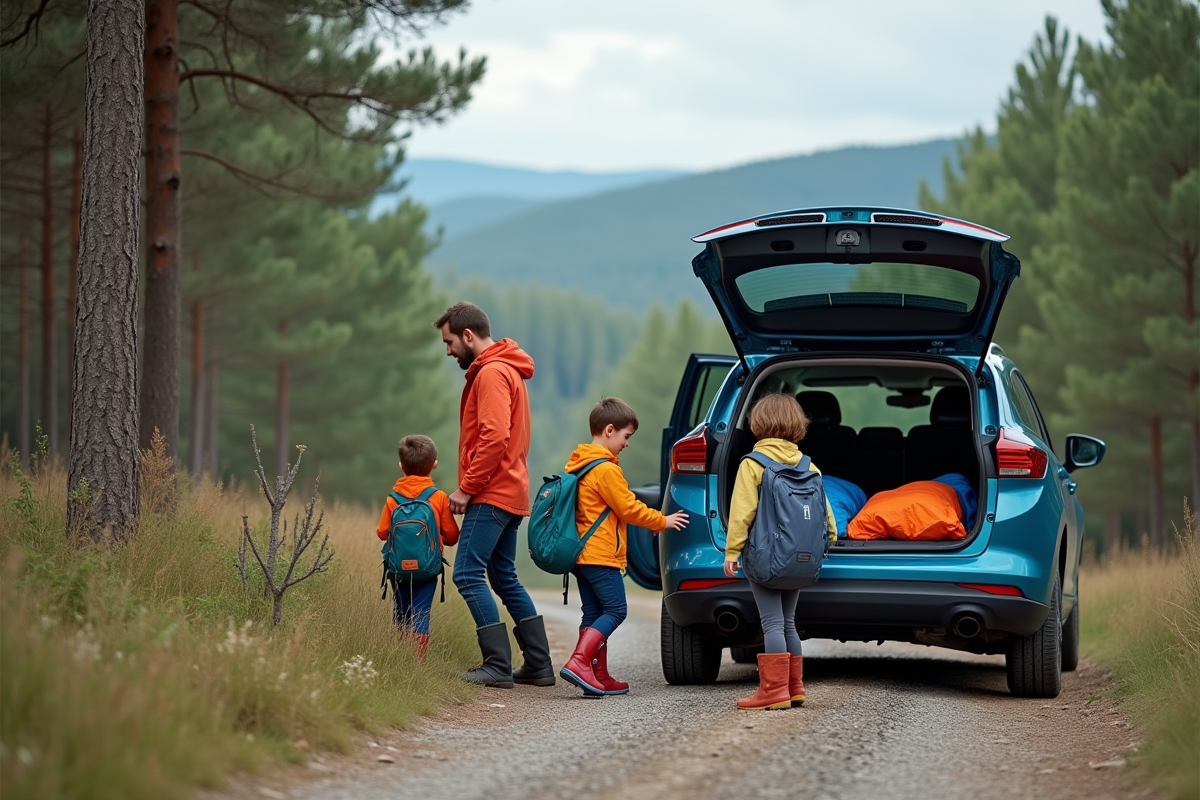 Famille déchargeant sacs à dos dans la forêt