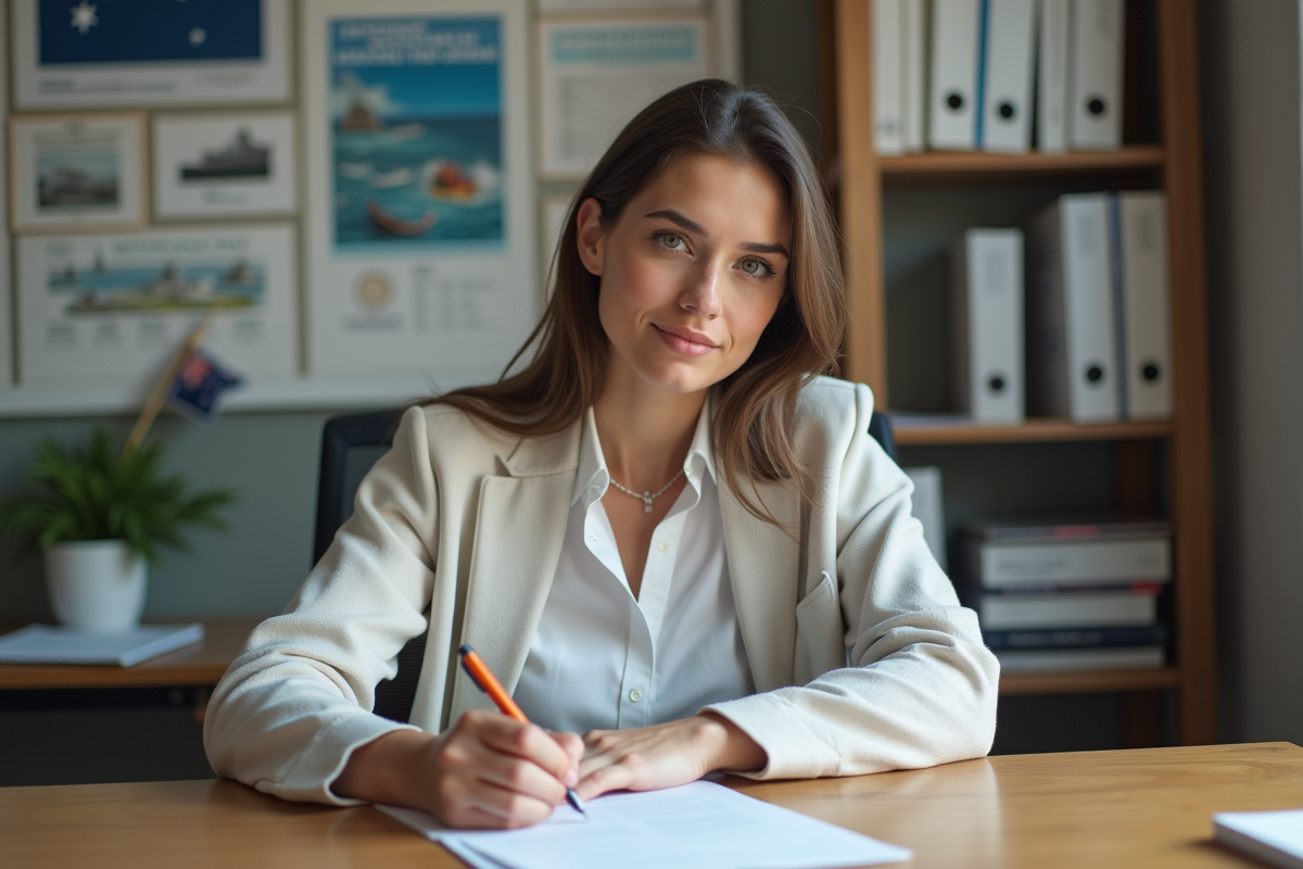 Femme française remplissant papiers de bateau en intérieur