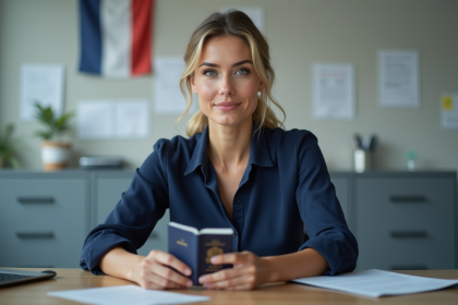 Femme tenant son passeport dans un bureau administratif français