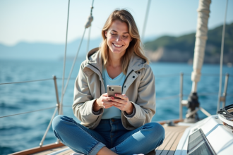 Femme souriante sur un voilier en mer calme
