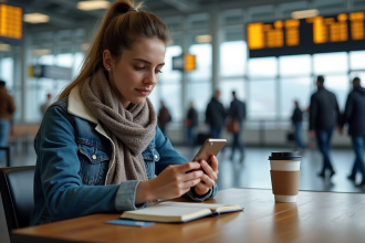 Jeune femme dans une gare compare billets train sur smartphone