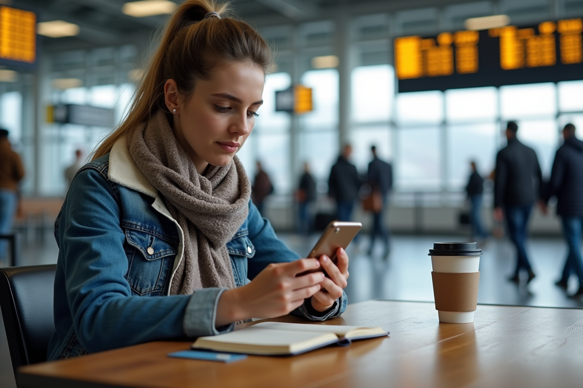 Jeune femme dans une gare compare billets train sur smartphone