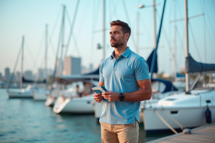 Homme français avec licence bateau sur un quai de marina