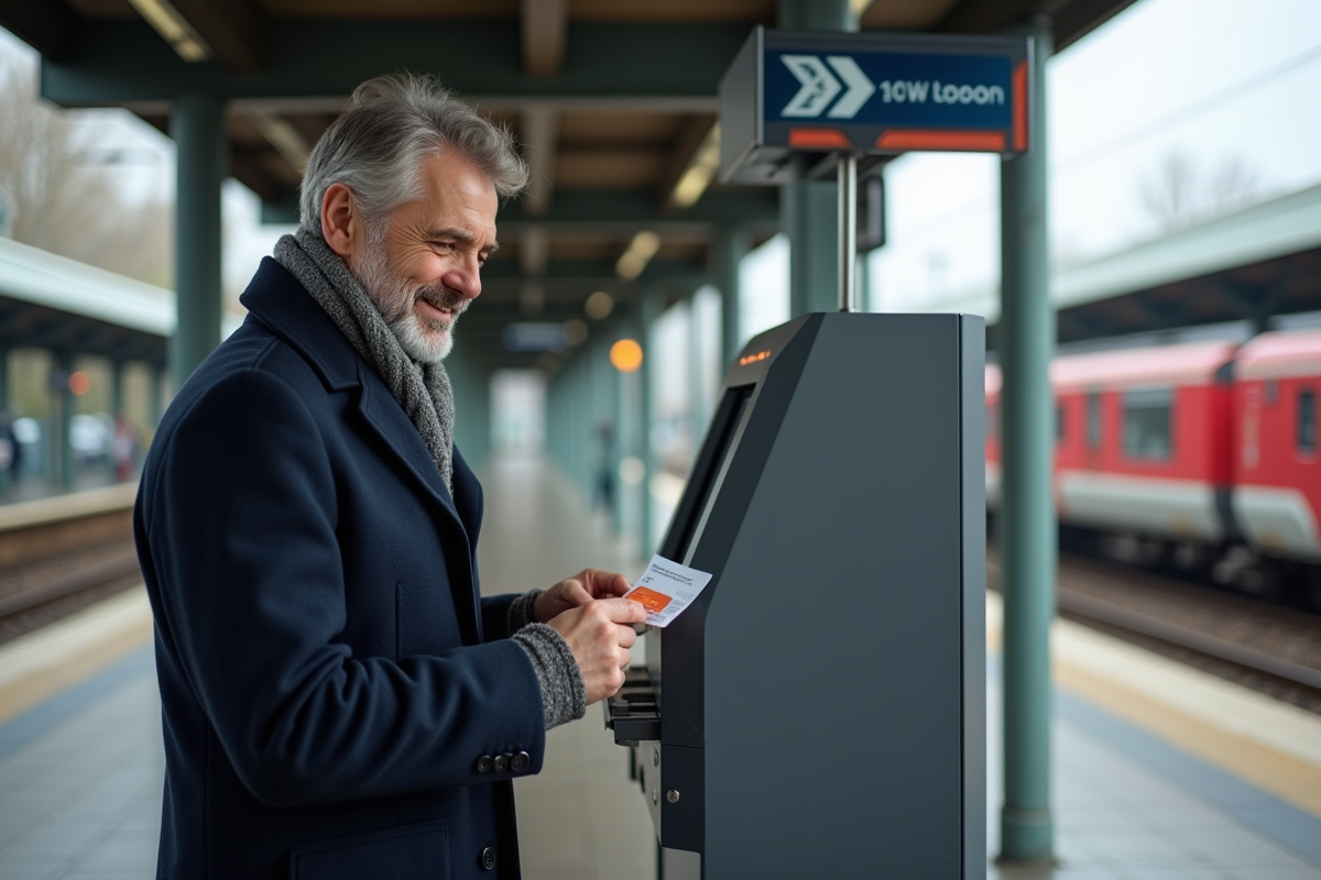 Homme vérifie son ticket à la machine dans une gare