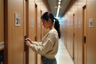 Jeune femme examine un verrou de capsule hôtel moderne