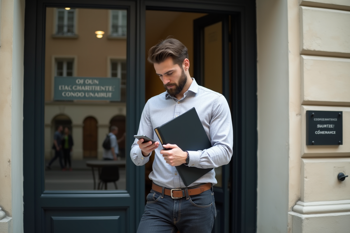 Jeune homme devant un bâtiment administratif français avec documents