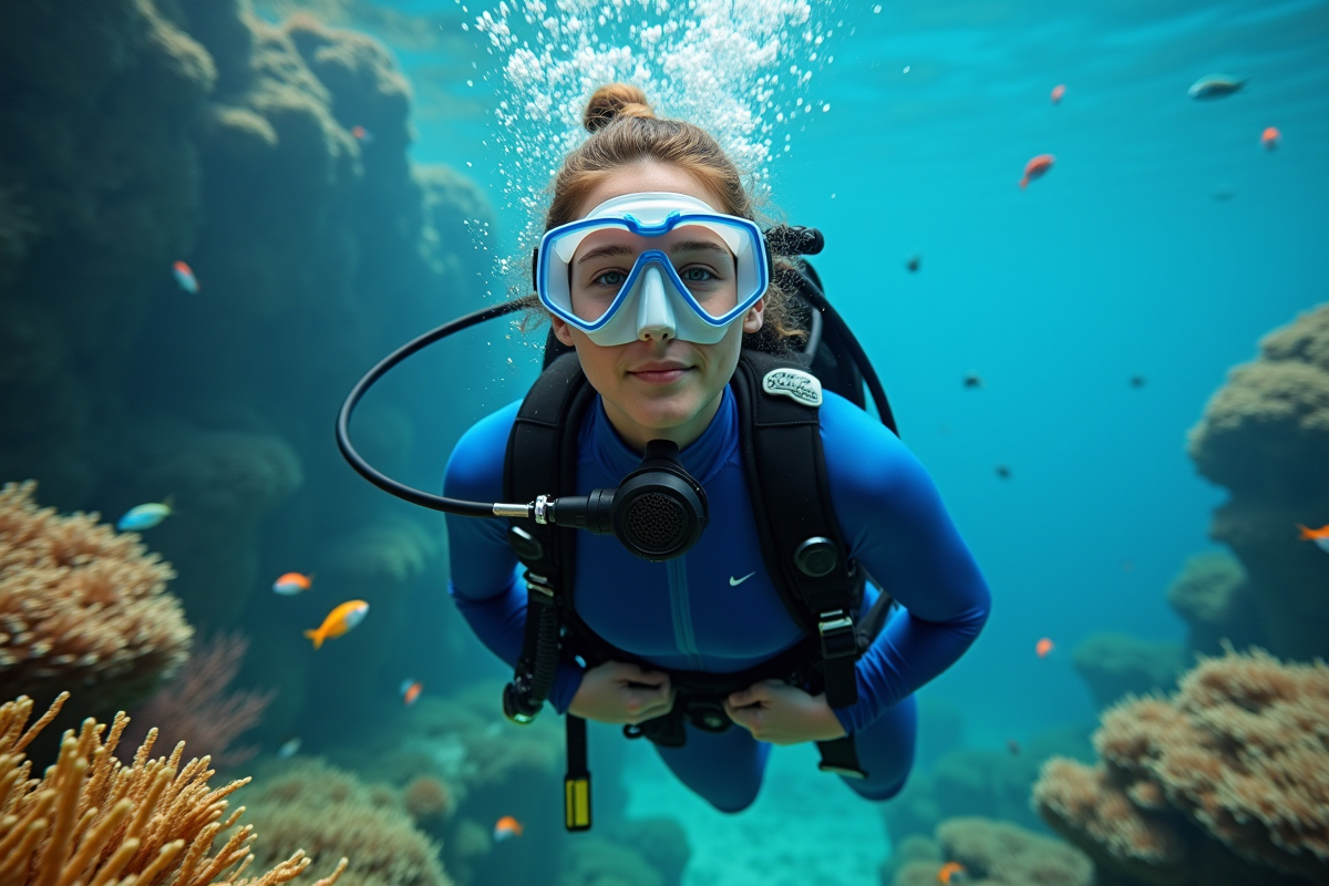 Jeune femme en combinaison de plongée nageant près de coraux colorés