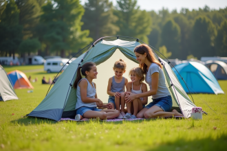 Famille souriante installant une tente au camping en France