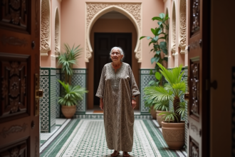 Femme âgée en caftan brodé dans un riad de Marrakech