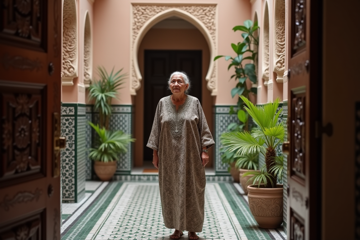 Femme âgée en caftan brodé dans un riad de Marrakech