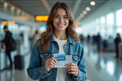 Femme souriante avec carte santé européenne à l'aéroport