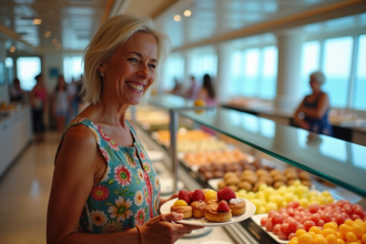Femme d'âge moyen dégustant un buffet de fruits et pâtisseries à bord
