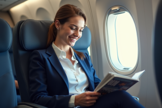 Jeune femme lisant un magazine en avion avec sourire naturel