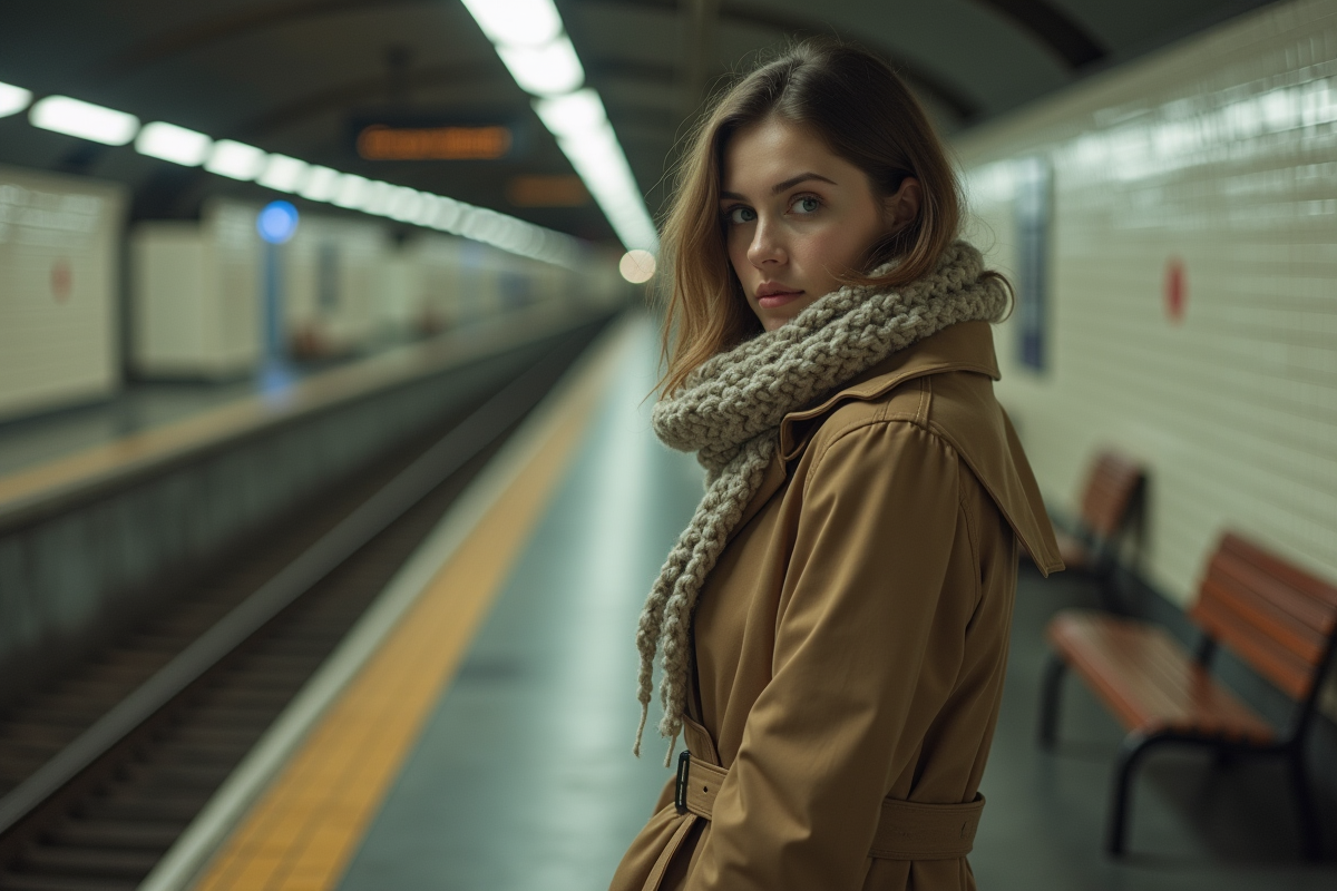 Jeune femme dans le métro de Paris contemplant une grille