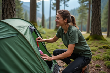 Femme nettoyant une petite tente dans la forêt