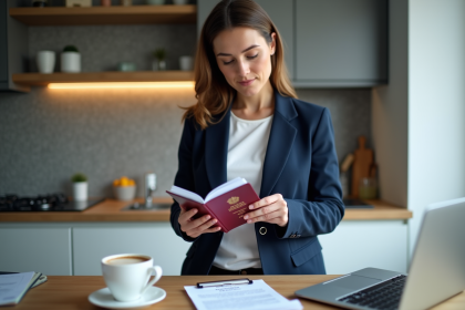 Femme vérifiant son passeport français dans la cuisine