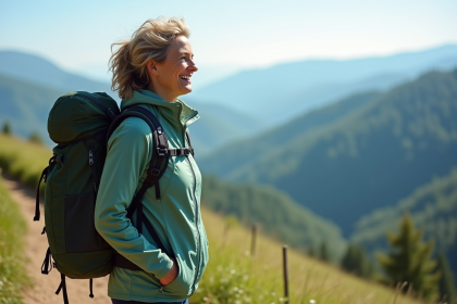 Femme souriante en vêtements de randonnée sur une colline verte