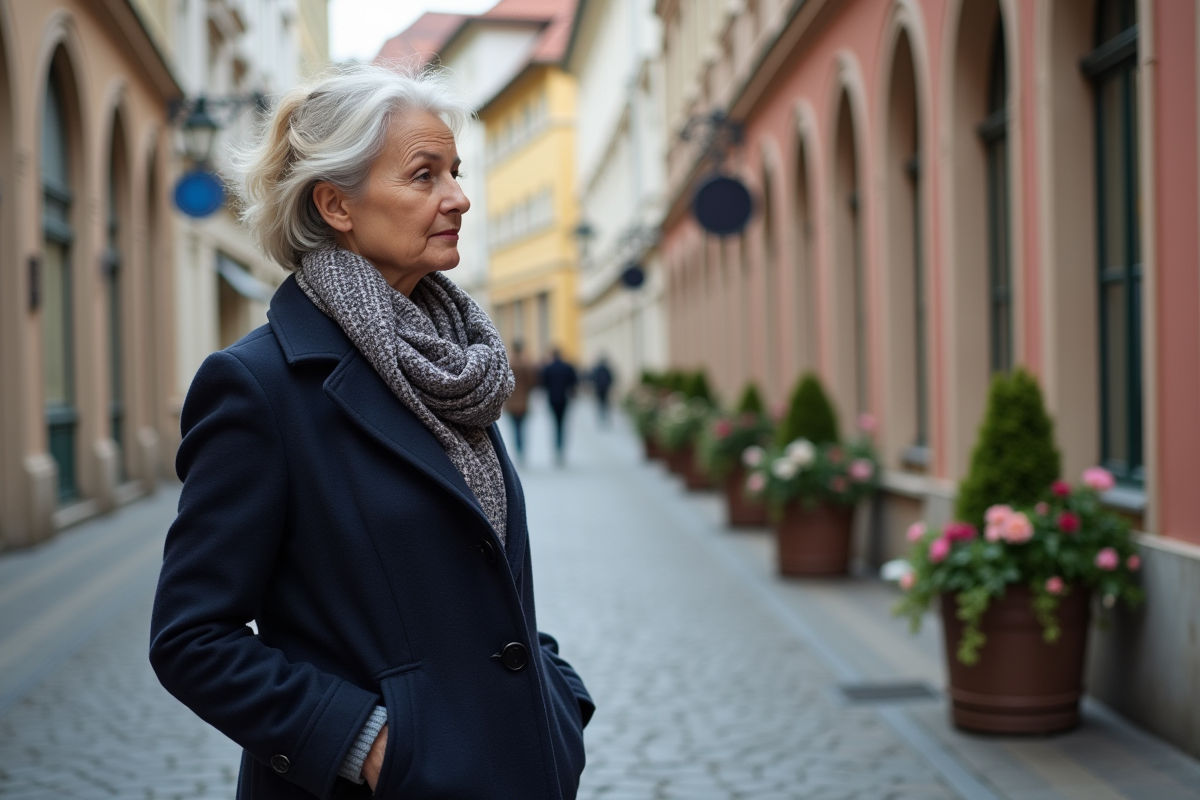 Femme contemplant une façade baroque à Linz en Autriche