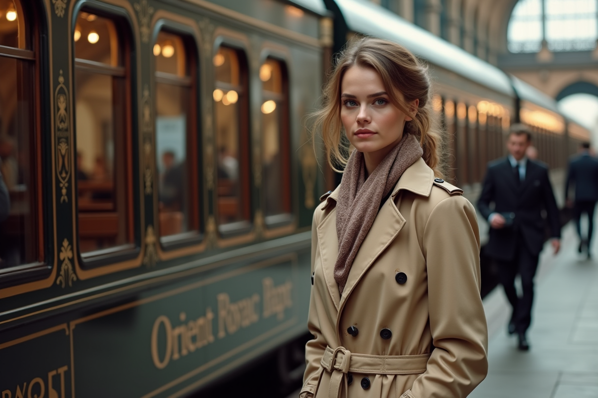 Jeune femme en trench beige sur le quai du train vintage