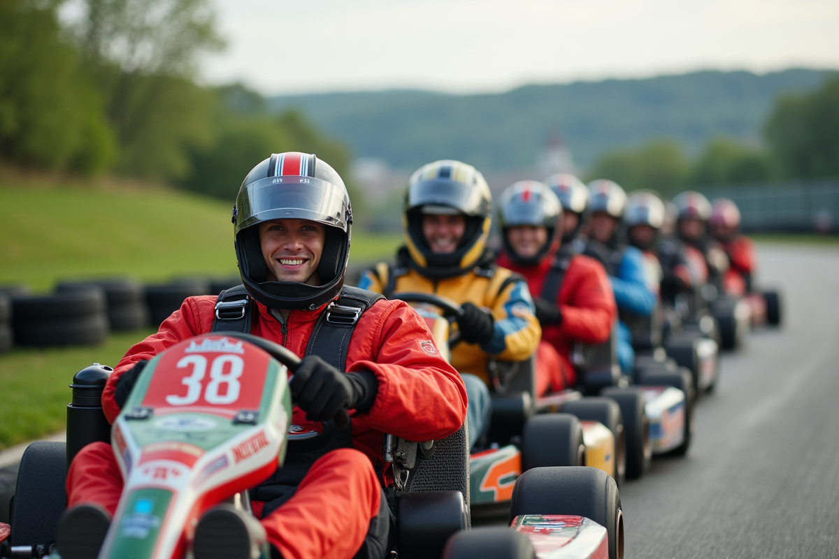 Groupe d'amis en karts à Budapest prêts à courir