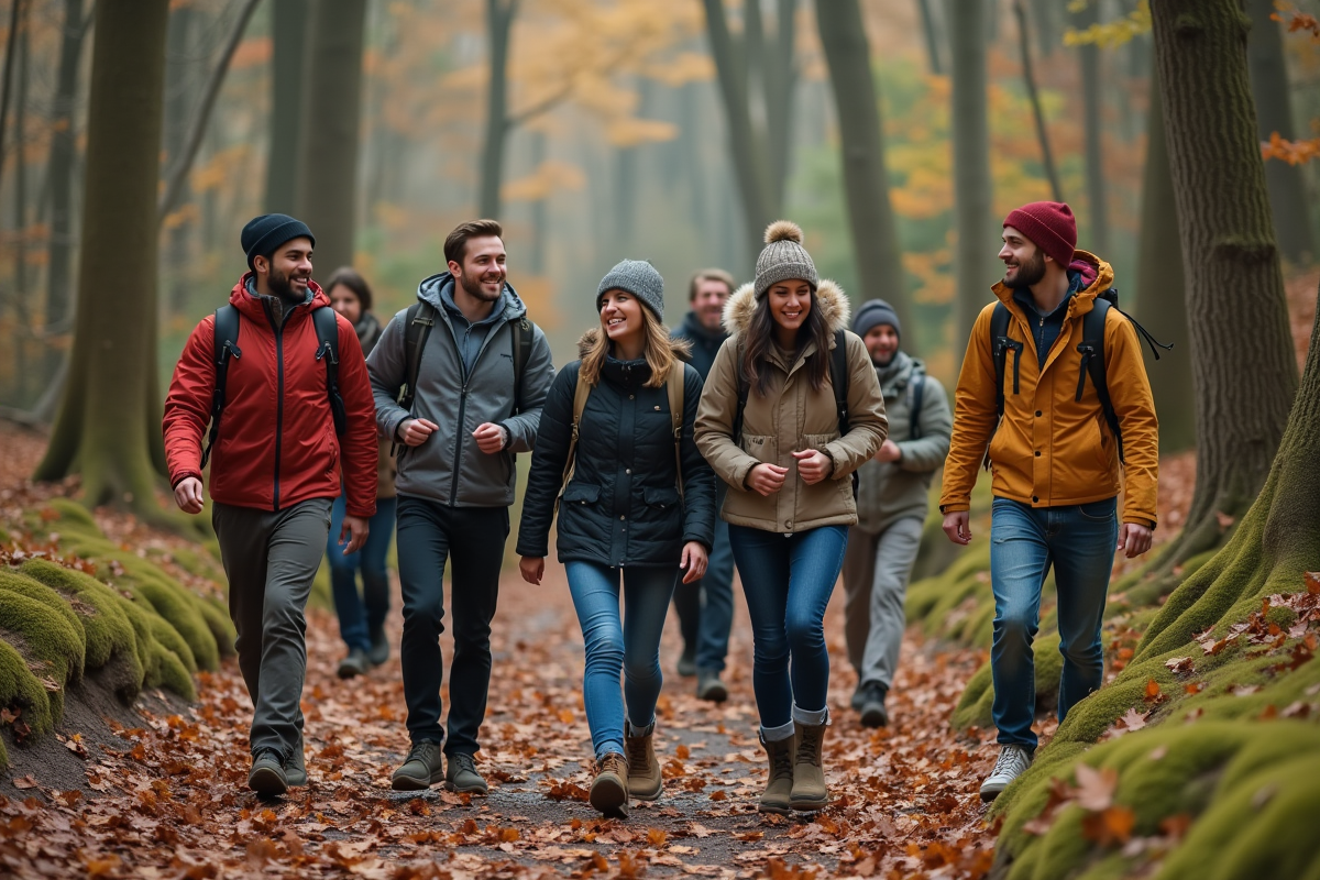 Groupe de jeunes adultes en randonnée dans une forêt automnale