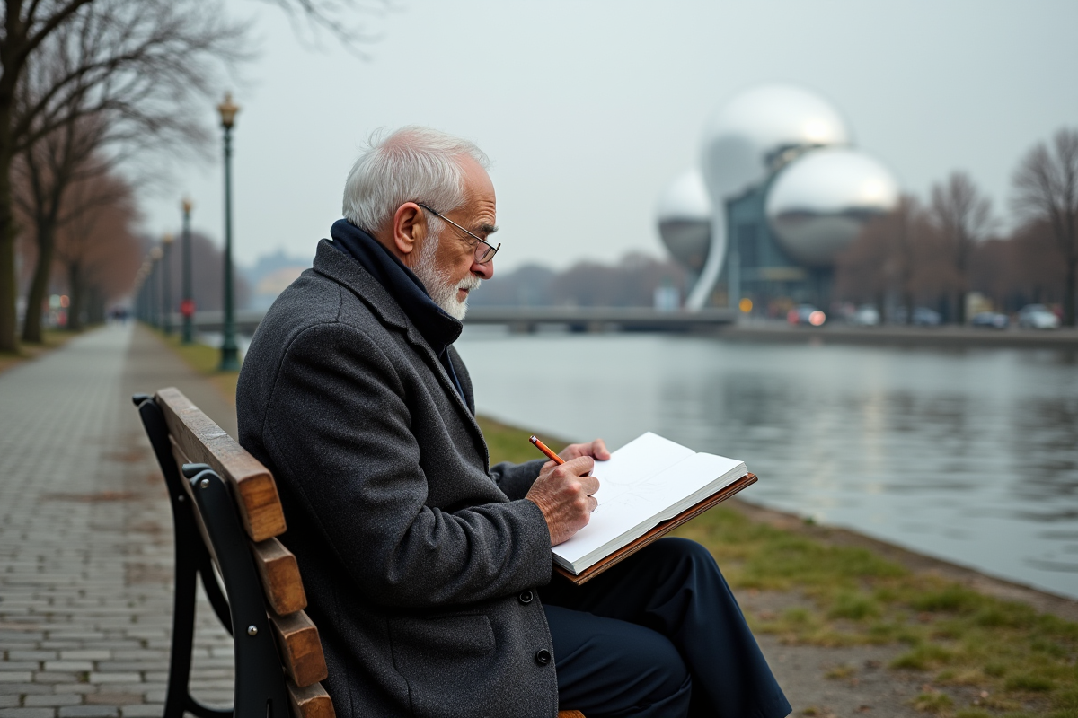 Homme âgé esquissant le centre Ars Electronica au bord du Danube