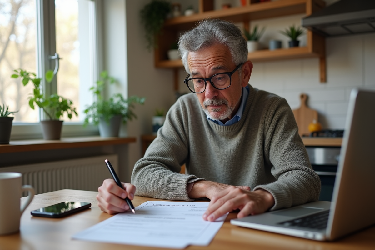 Homme à la maison remplissant un formulaire de carte santé