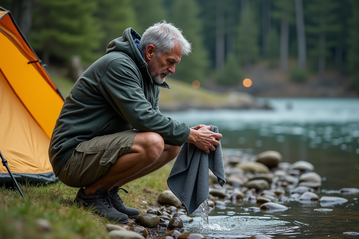 Homme rinçant un tissu au bord de la rivière en camping