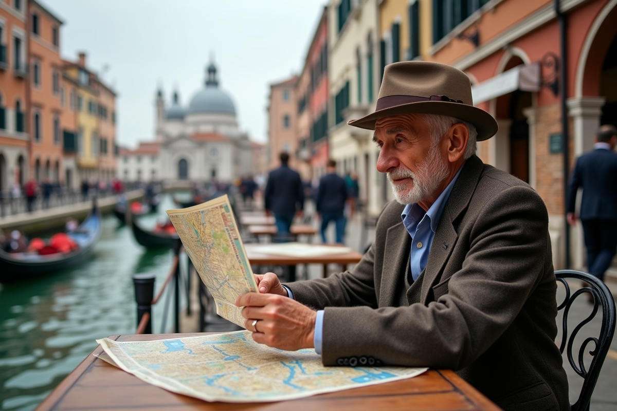 Homme âgé lisant une carte dans un café à Venise